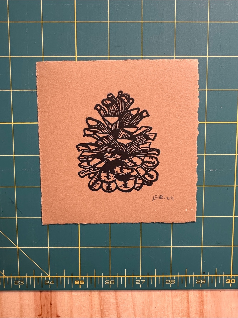 5x5" Linocut Pinecone Print on Kraft Paper